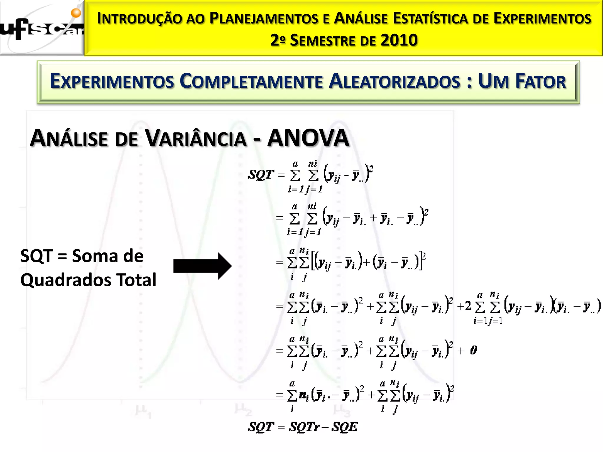 INTRODUÇÃO AO PLANEJAMENTOS E ANÁLISE ESTATÍSTICA DE EXPERIMENTOS
                             2º SEMESTRE DE 2010

   EXPERIMENTOS COMPLETAMENTE ALEATORIZADOS : UM FATOR

 ANÁLISE DE VARIÂNCIA - ANOVA



SQT = Soma de
Quadrados Total
 