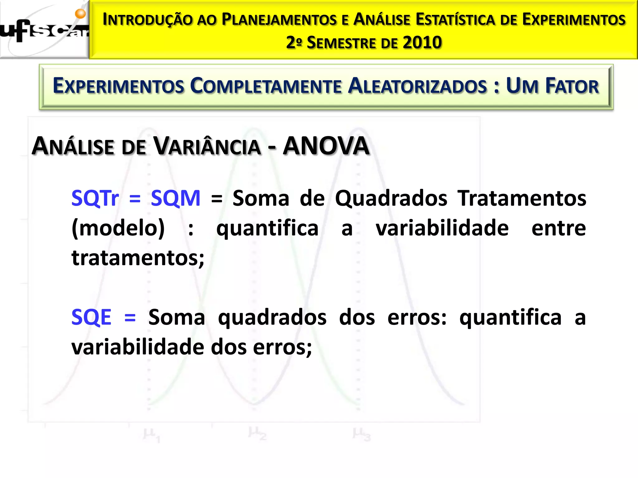 INTRODUÇÃO AO PLANEJAMENTOS E ANÁLISE ESTATÍSTICA DE EXPERIMENTOS
                          2º SEMESTRE DE 2010

 EXPERIMENTOS COMPLETAMENTE ALEATORIZADOS : UM FATOR

ANÁLISE DE VARIÂNCIA - ANOVA
   SQTr = SQM = Soma de Quadrados Tratamentos
   (modelo) : quantifica a variabilidade entre
   tratamentos;

   SQE = Soma quadrados dos erros: quantifica a
   variabilidade dos erros;
 