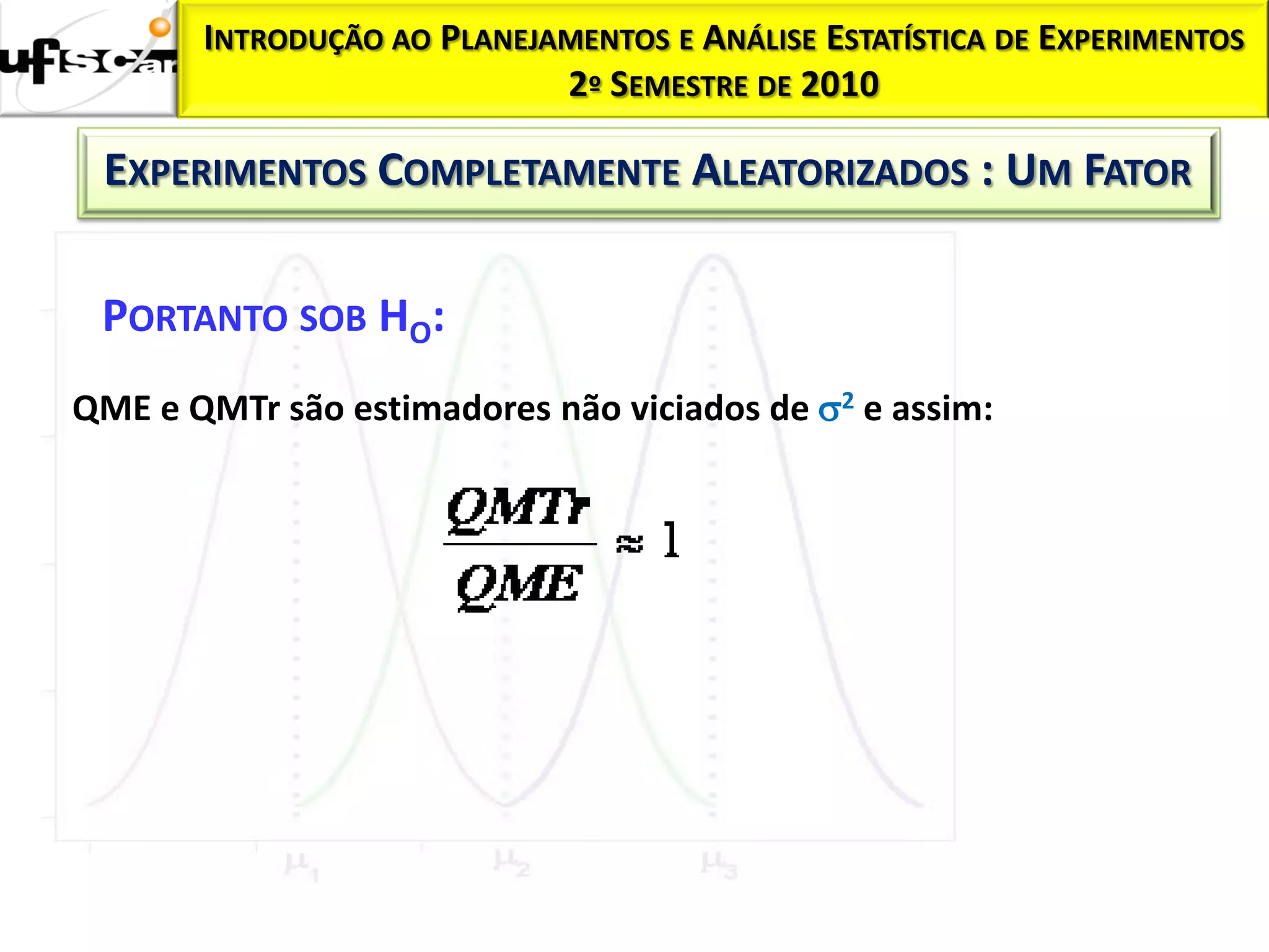 INTRODUÇÃO AO PLANEJAMENTOS E ANÁLISE ESTATÍSTICA DE EXPERIMENTOS
                            2º SEMESTRE DE 2010

 EXPERIMENTOS COMPLETAMENTE ALEATORIZADOS : UM FATOR

 PORTANTO SOB HO:
QME e QMTr são estimadores não viciados de 2 e assim:
 