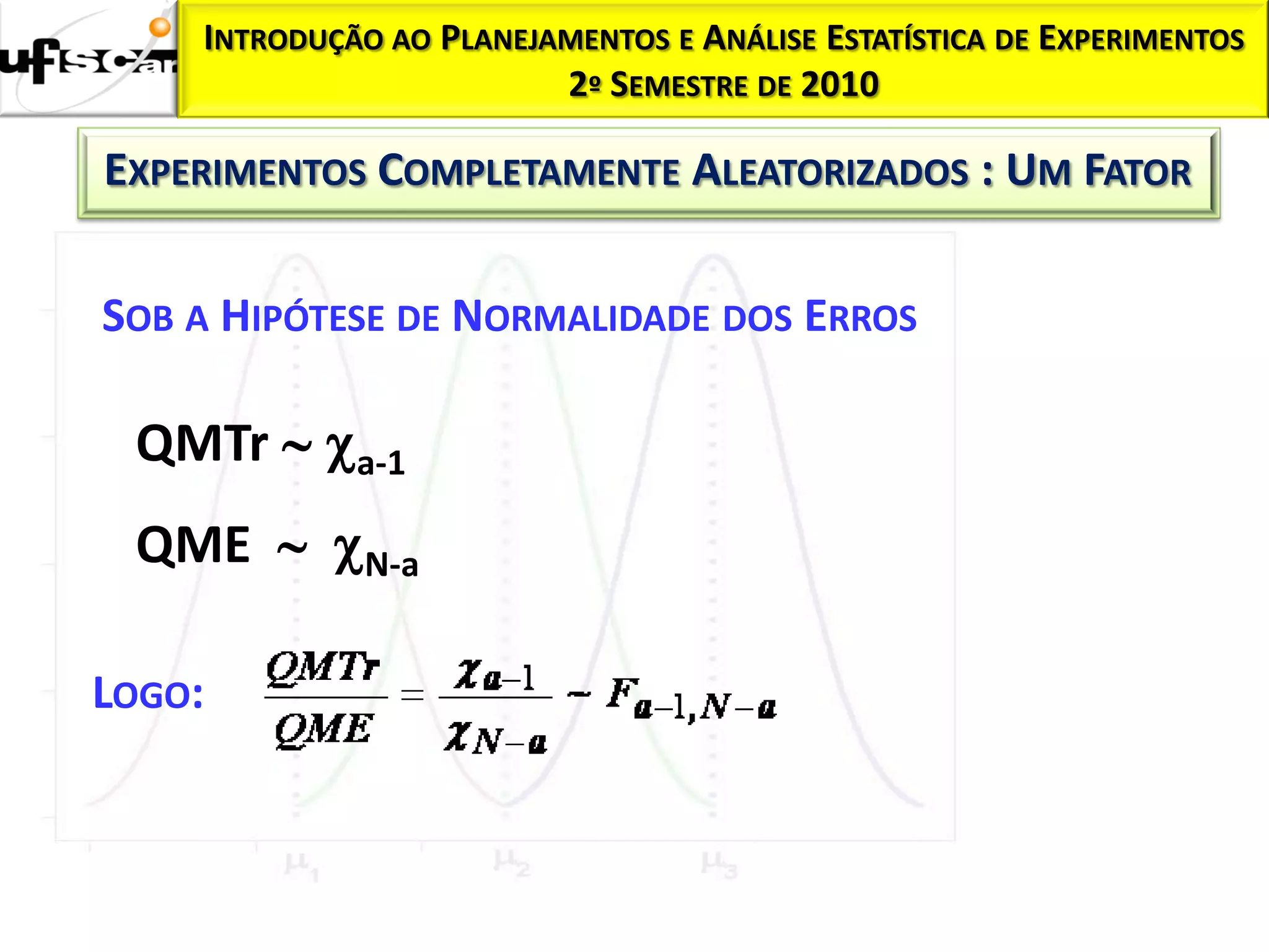 INTRODUÇÃO AO PLANEJAMENTOS E ANÁLISE ESTATÍSTICA DE EXPERIMENTOS
                         2º SEMESTRE DE 2010

EXPERIMENTOS COMPLETAMENTE ALEATORIZADOS : UM FATOR

SOB A HIPÓTESE DE NORMALIDADE DOS ERROS

 QMTr  a-1
 QME  N-a

LOGO:
 