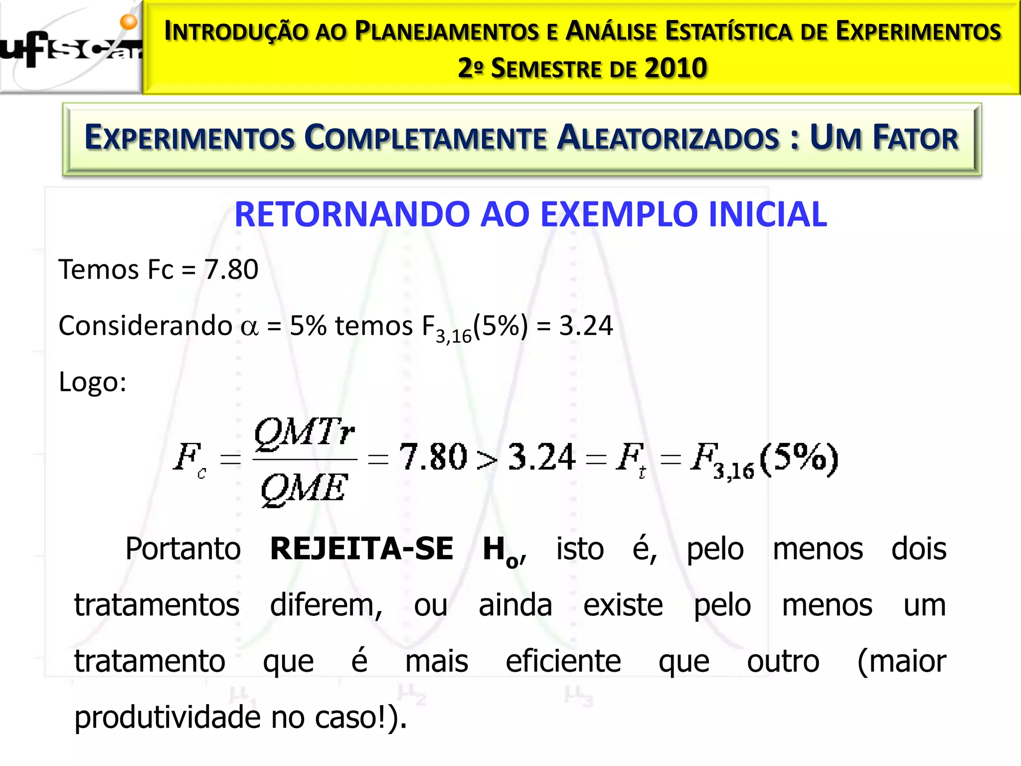 INTRODUÇÃO AO PLANEJAMENTOS E ANÁLISE ESTATÍSTICA DE EXPERIMENTOS
                             2º SEMESTRE DE 2010

 EXPERIMENTOS COMPLETAMENTE ALEATORIZADOS : UM FATOR
              RETORNANDO AO EXEMPLO INICIAL
Temos Fc = 7.80
Considerando  = 5% temos F3,16(5%) = 3.24
Logo:




     Portanto REJEITA-SE Ho, isto é, pelo menos dois
 tratamentos diferem, ou ainda existe pelo menos um
 tratamento       que   é   mais   eficiente   que   outro   (maior
 produtividade no caso!).
 