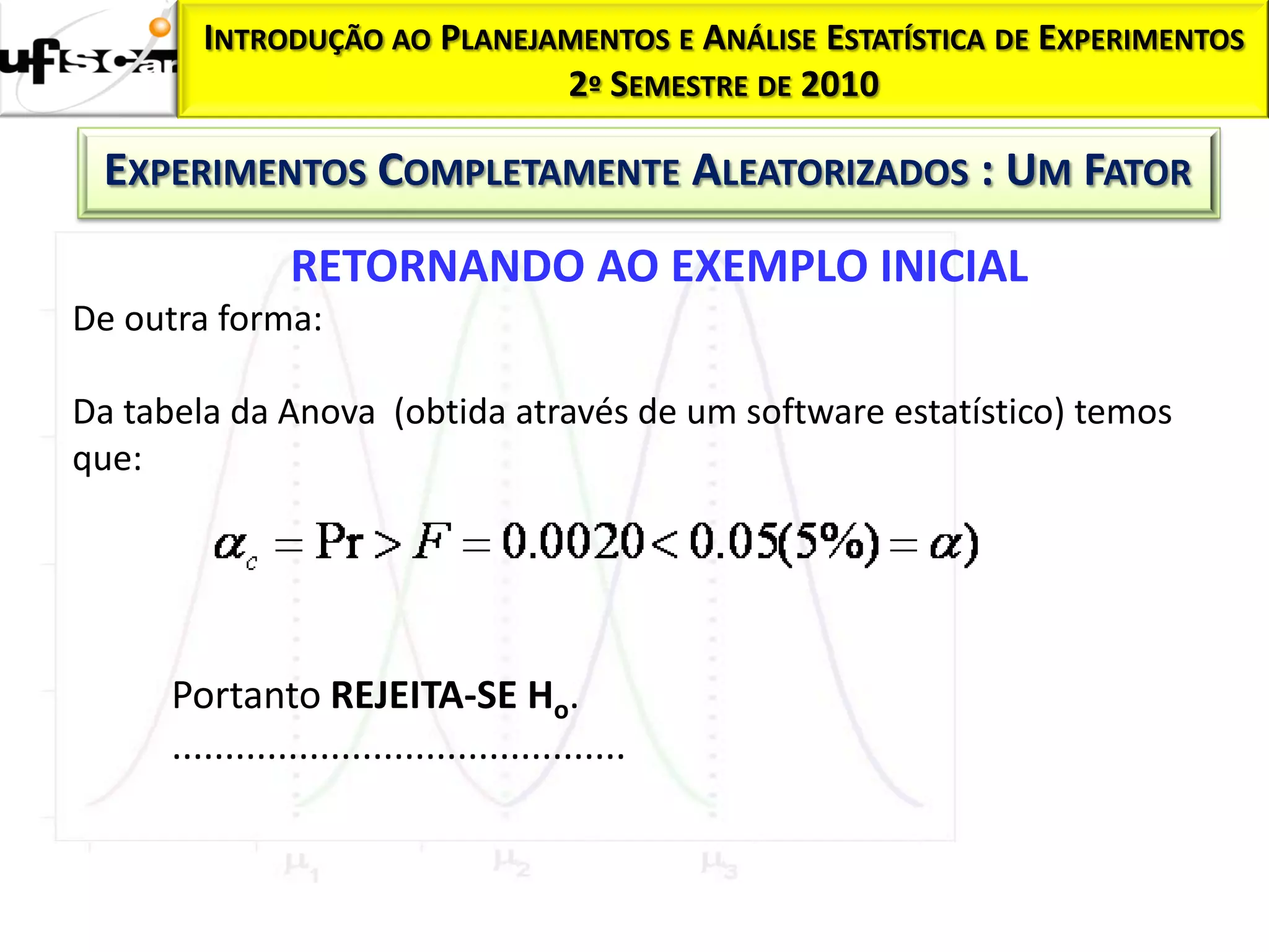 INTRODUÇÃO AO PLANEJAMENTOS E ANÁLISE ESTATÍSTICA DE EXPERIMENTOS
                              2º SEMESTRE DE 2010

 EXPERIMENTOS COMPLETAMENTE ALEATORIZADOS : UM FATOR
                 RETORNANDO AO EXEMPLO INICIAL
De outra forma:

Da tabela da Anova (obtida através de um software estatístico) temos
que:




      Portanto REJEITA-SE Ho.
      ...........................................
 