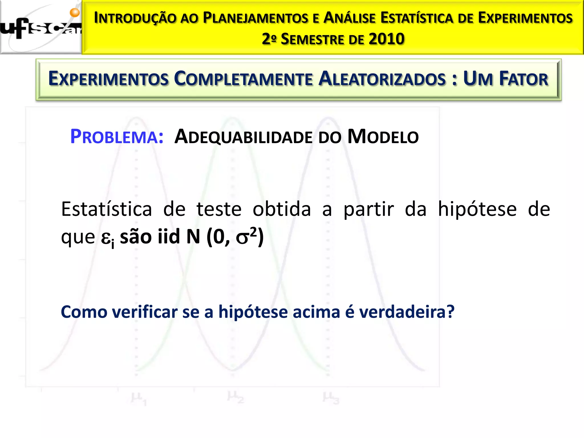 INTRODUÇÃO AO PLANEJAMENTOS E ANÁLISE ESTATÍSTICA DE EXPERIMENTOS
                          2º SEMESTRE DE 2010

EXPERIMENTOS COMPLETAMENTE ALEATORIZADOS : UM FATOR

  PROBLEMA: ADEQUABILIDADE DO MODELO


 Estatística de teste obtida a partir da hipótese de
 que i são iid N (0, 2)


 Como verificar se a hipótese acima é verdadeira?
 