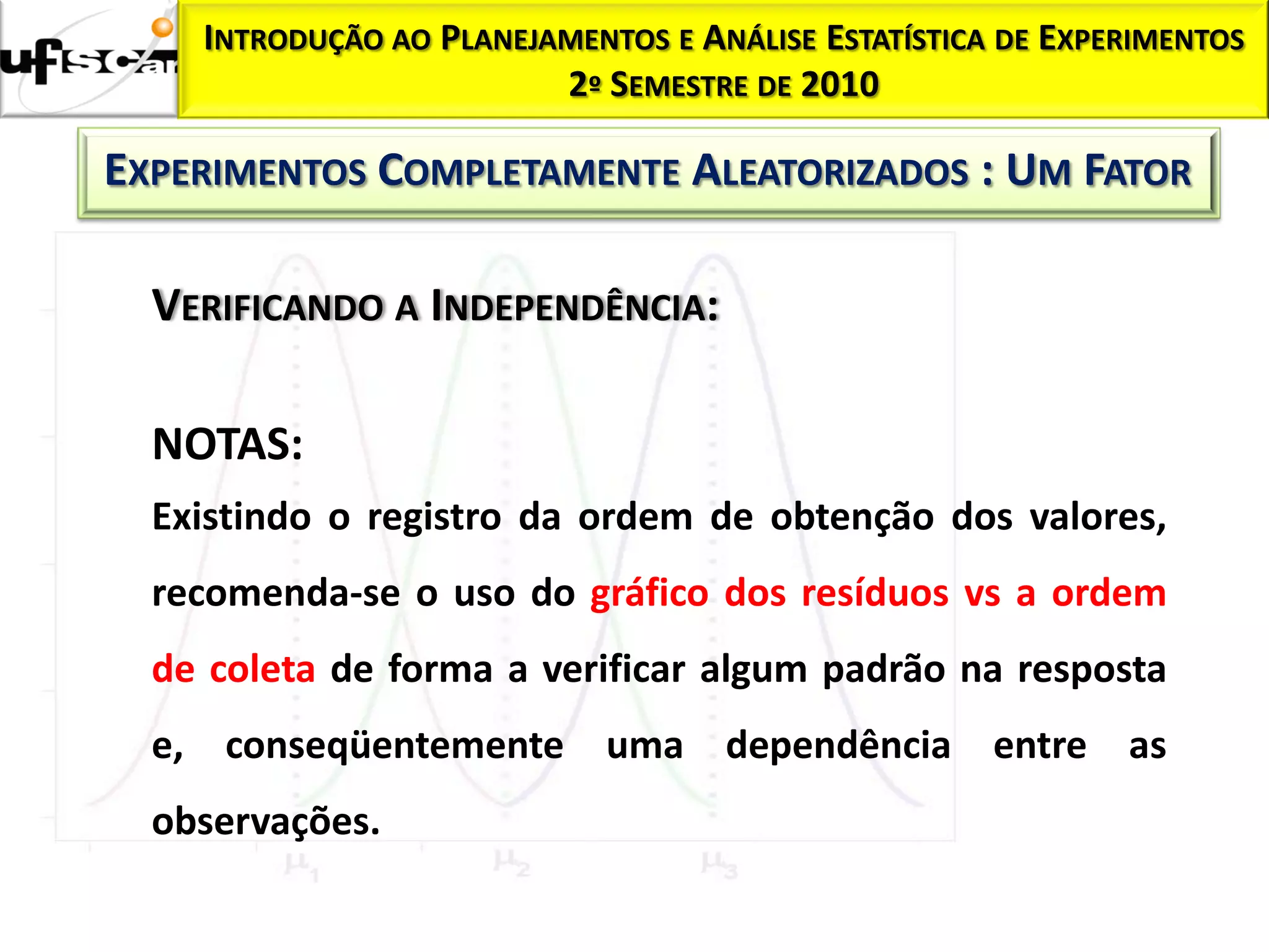 INTRODUÇÃO AO PLANEJAMENTOS E ANÁLISE ESTATÍSTICA DE EXPERIMENTOS
                         2º SEMESTRE DE 2010

EXPERIMENTOS COMPLETAMENTE ALEATORIZADOS : UM FATOR

  VERIFICANDO A INDEPENDÊNCIA:

  NOTAS:
  Existindo o registro da ordem de obtenção dos valores,
  recomenda-se o uso do gráfico dos resíduos vs a ordem
  de coleta de forma a verificar algum padrão na resposta
  e, conseqüentemente uma dependência entre as
  observações.
 