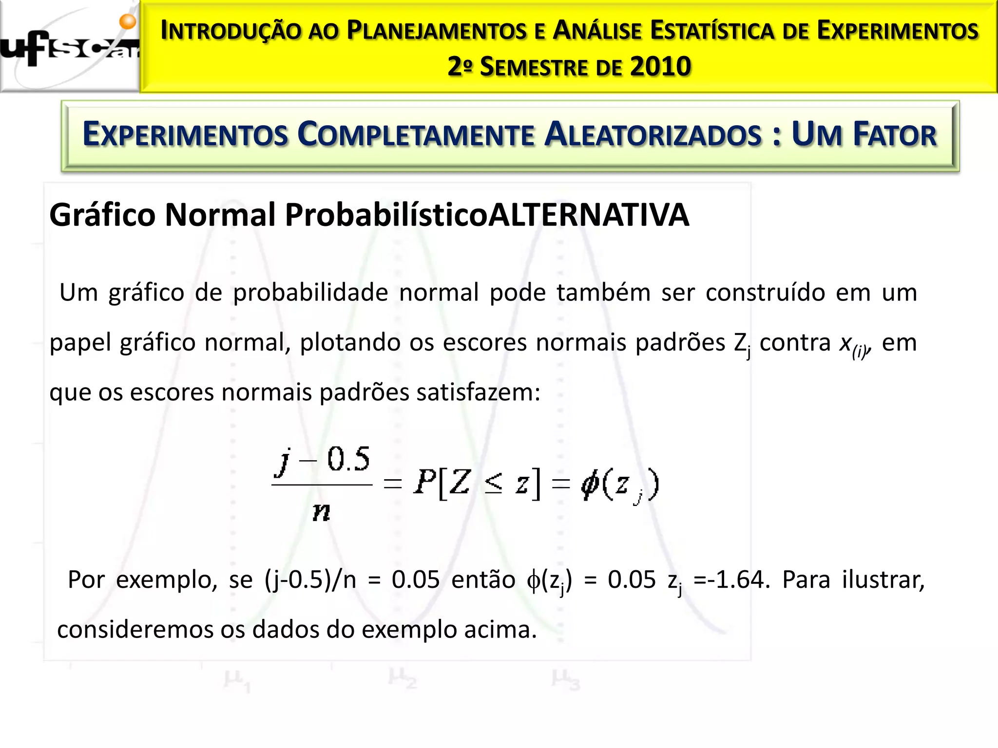 Homocedasticidade:
           INTRODUÇÃO AO     PLANEJAMENTOS E ANÁLISE ESTATÍSTICA DE EXPERIMENTOS
                                    2º SEMESTRE DE 2010

     EXPERIMENTOS COMPLETAMENTE ALEATORIZADOS : UM FATOR

  Gráfico Normal ProbabilísticoALTERNATIVA

   Um gráfico de probabilidade normal pode também ser construído em um
  papel gráfico normal, plotando os escores normais padrões Zj contra x(i), em
  que os escores normais padrões satisfazem:




    Por exemplo, se (j-0.5)/n = 0.05 então (zj) = 0.05 zj =-1.64. Para ilustrar,
   consideremos os dados do exemplo acima.
 
