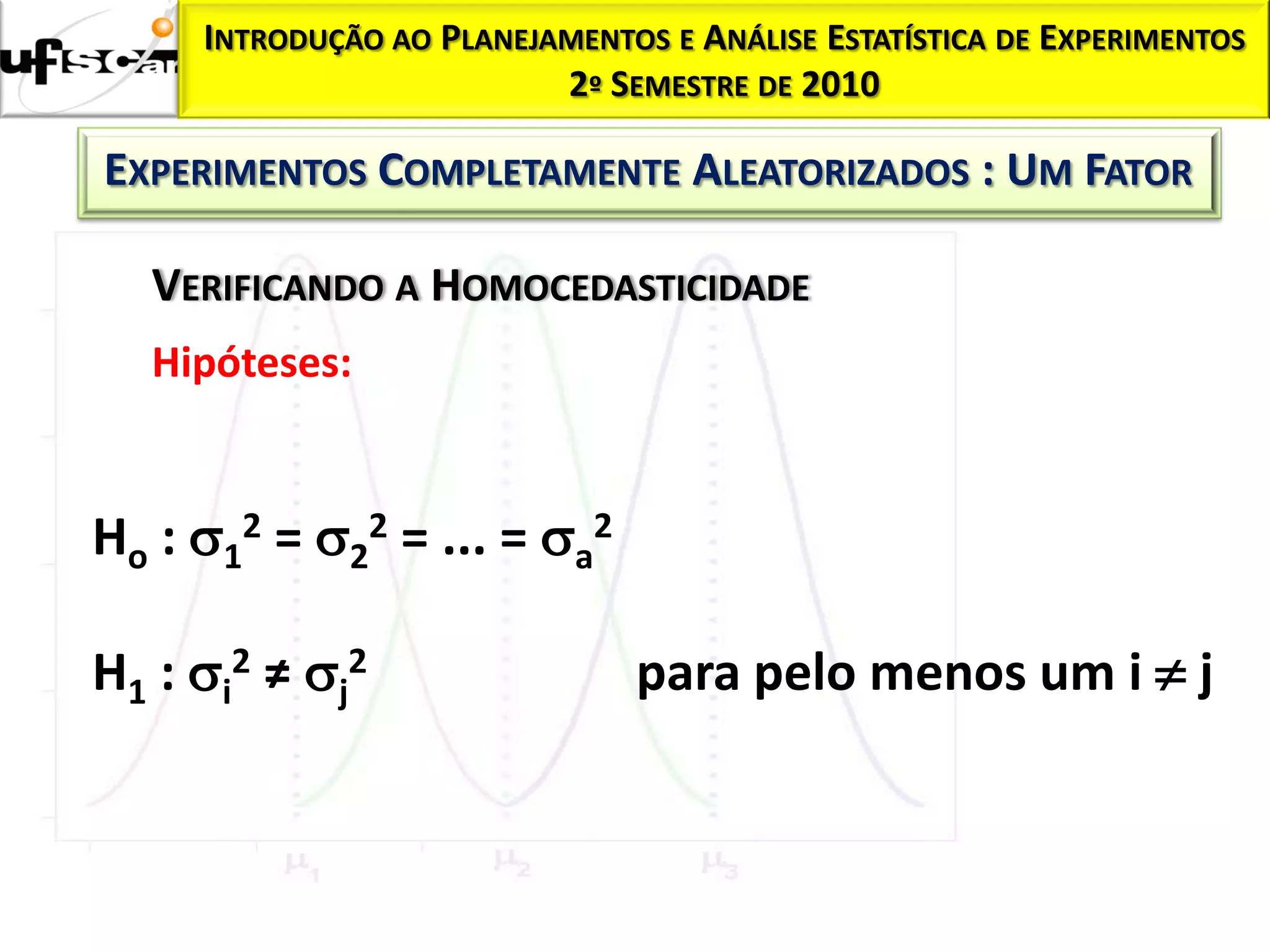 INTRODUÇÃO AO PLANEJAMENTOS E ANÁLISE ESTATÍSTICA DE EXPERIMENTOS
                          2º SEMESTRE DE 2010

EXPERIMENTOS COMPLETAMENTE ALEATORIZADOS : UM FATOR

   VERIFICANDO A HOMOCEDASTICIDADE
   Hipóteses:


Ho : 12 = 22 = ... = a2

H1 : i2 ≠ j2                 para pelo menos um i  j
 