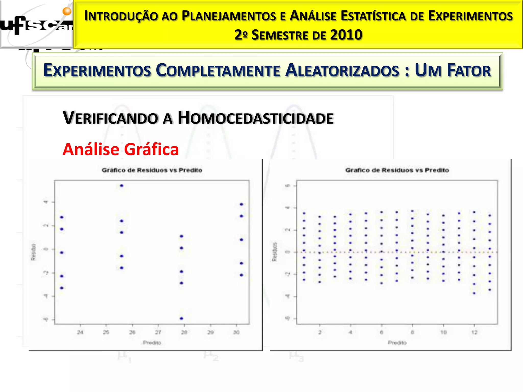 INTRODUÇÃO AO PLANEJAMENTOS E ANÁLISE ESTATÍSTICA DE EXPERIMENTOS
                         2º SEMESTRE DE 2010

EXPERIMENTOS COMPLETAMENTE ALEATORIZADOS : UM FATOR

  VERIFICANDO A HOMOCEDASTICIDADE
  Análise Gráfica
 