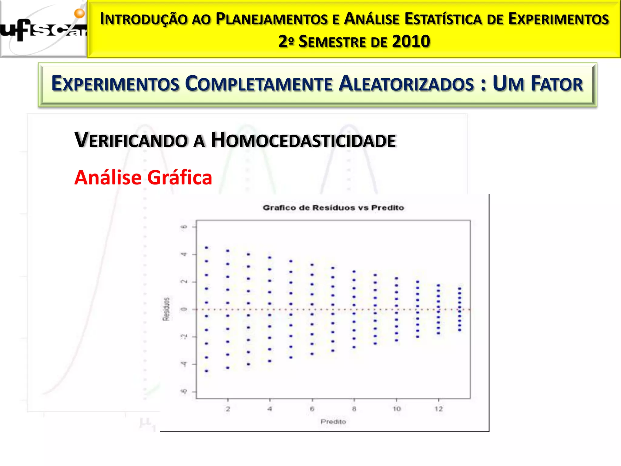 INTRODUÇÃO AO PLANEJAMENTOS E ANÁLISE ESTATÍSTICA DE EXPERIMENTOS
                         2º SEMESTRE DE 2010

EXPERIMENTOS COMPLETAMENTE ALEATORIZADOS : UM FATOR

  VERIFICANDO A HOMOCEDASTICIDADE
  Análise Gráfica
 
