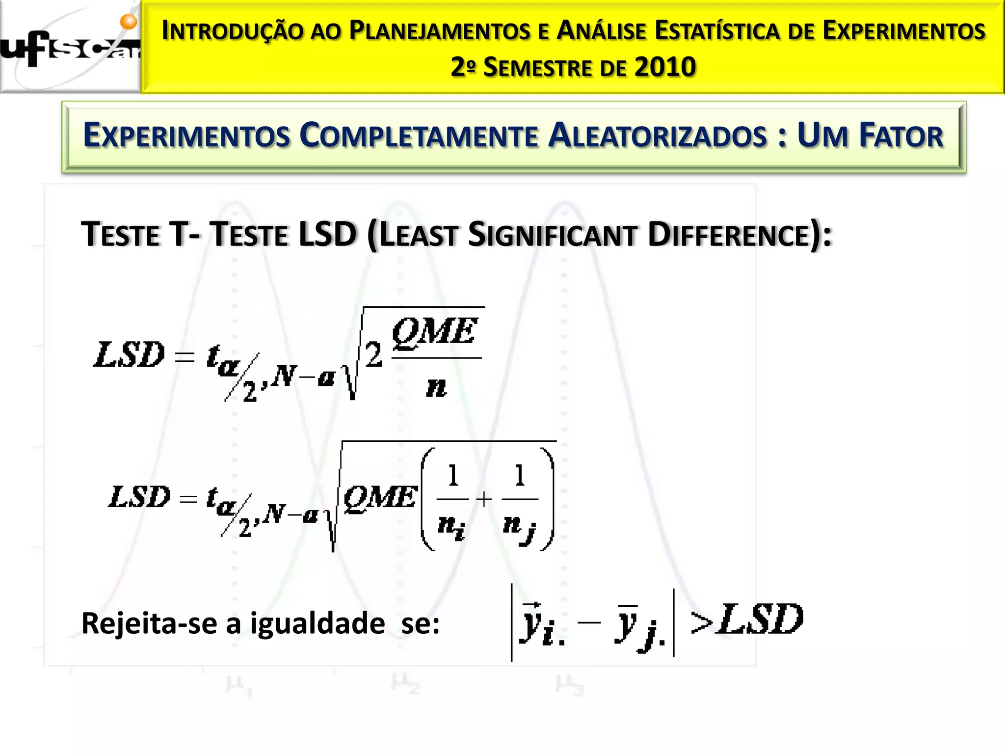 INTRODUÇÃO AO PLANEJAMENTOS E ANÁLISE ESTATÍSTICA DE EXPERIMENTOS
                          2º SEMESTRE DE 2010

EXPERIMENTOS COMPLETAMENTE ALEATORIZADOS : UM FATOR

TESTE T- TESTE LSD (LEAST SIGNIFICANT DIFFERENCE):




Rejeita-se a igualdade se:
 