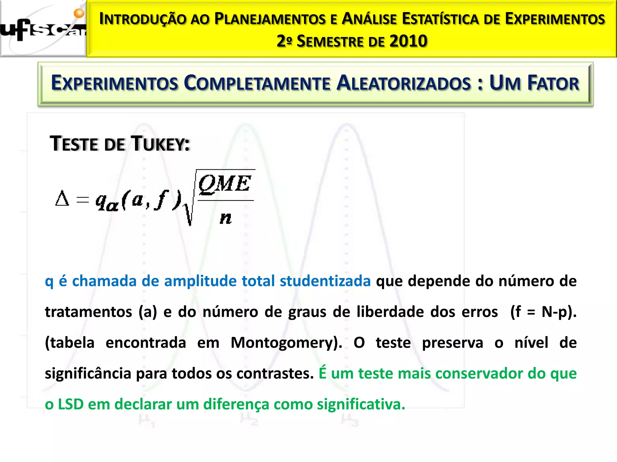 INTRODUÇÃO AO PLANEJAMENTOS E ANÁLISE ESTATÍSTICA DE EXPERIMENTOS
                            2º SEMESTRE DE 2010

EXPERIMENTOS COMPLETAMENTE ALEATORIZADOS : UM FATOR

TESTE DE TUKEY:




q é chamada de amplitude total studentizada que depende do número de
tratamentos (a) e do número de graus de liberdade dos erros (f = N-p).
(tabela encontrada em Montogomery). O teste preserva o nível de
significância para todos os contrastes. É um teste mais conservador do que
o LSD em declarar um diferença como significativa.
 