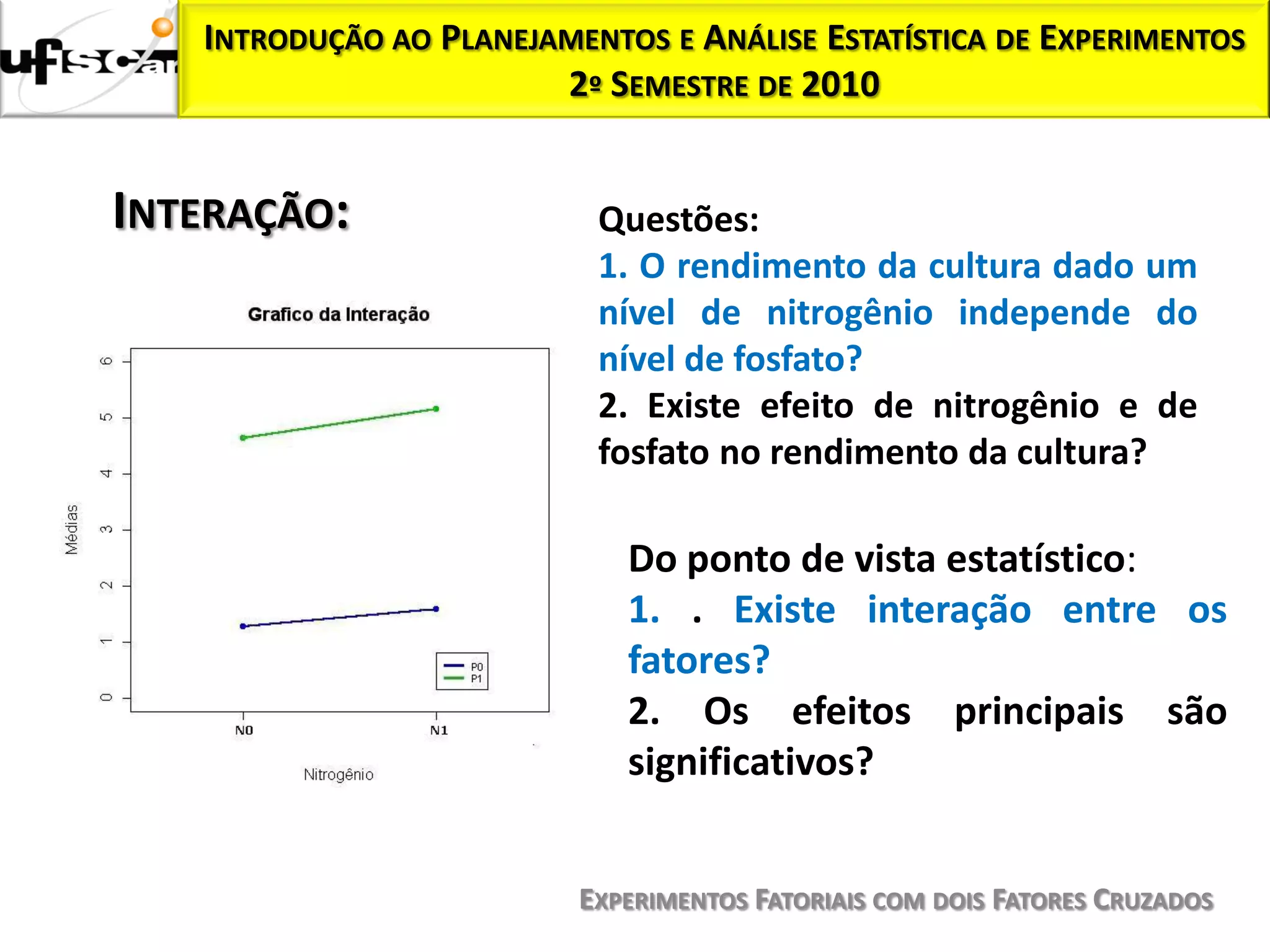 INTRODUÇÃO AO PLANEJAMENTOS E ANÁLISE ESTATÍSTICA DE EXPERIMENTOS
                        2º SEMESTRE DE 2010


INTERAÇÃO:                 Questões:
                           1. O rendimento da cultura dado um
                           nível de nitrogênio independe do
                           nível de fosfato?
                           2. Existe efeito de nitrogênio e de
                           fosfato no rendimento da cultura?

                             Do ponto de vista estatístico:
                             1. . Existe interação entre os
                             fatores?
                             2. Os efeitos principais são
                             significativos?


                          EXPERIMENTOS FATORIAIS COM DOIS FATORES CRUZADOS
 