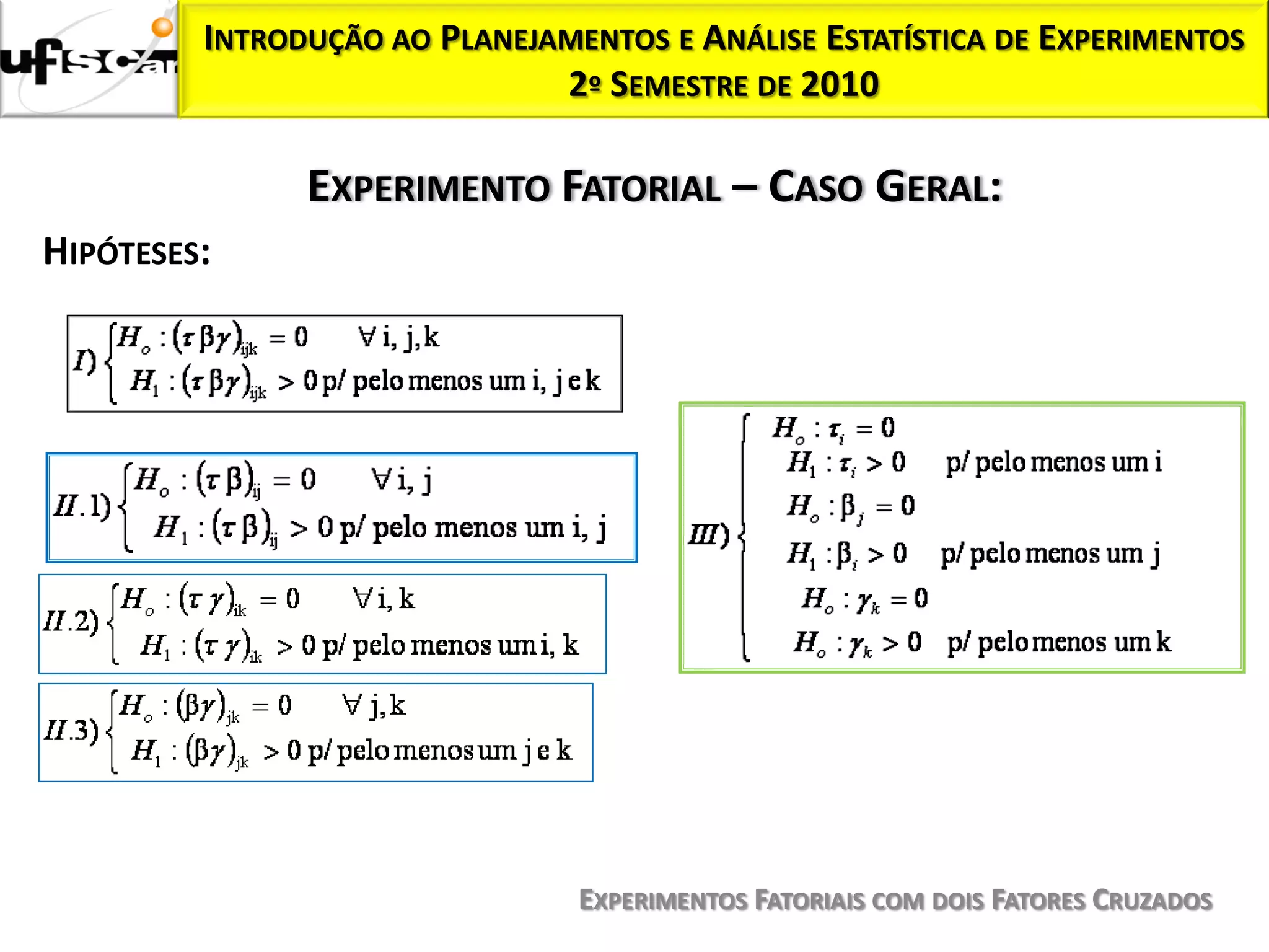 INTRODUÇÃO AO PLANEJAMENTOS E ANÁLISE ESTATÍSTICA DE EXPERIMENTOS
                              2º SEMESTRE DE 2010

               EXPERIMENTO FATORIAL – CASO GERAL:
HIPÓTESES:




                                EXPERIMENTOS FATORIAIS COM DOIS FATORES CRUZADOS
 