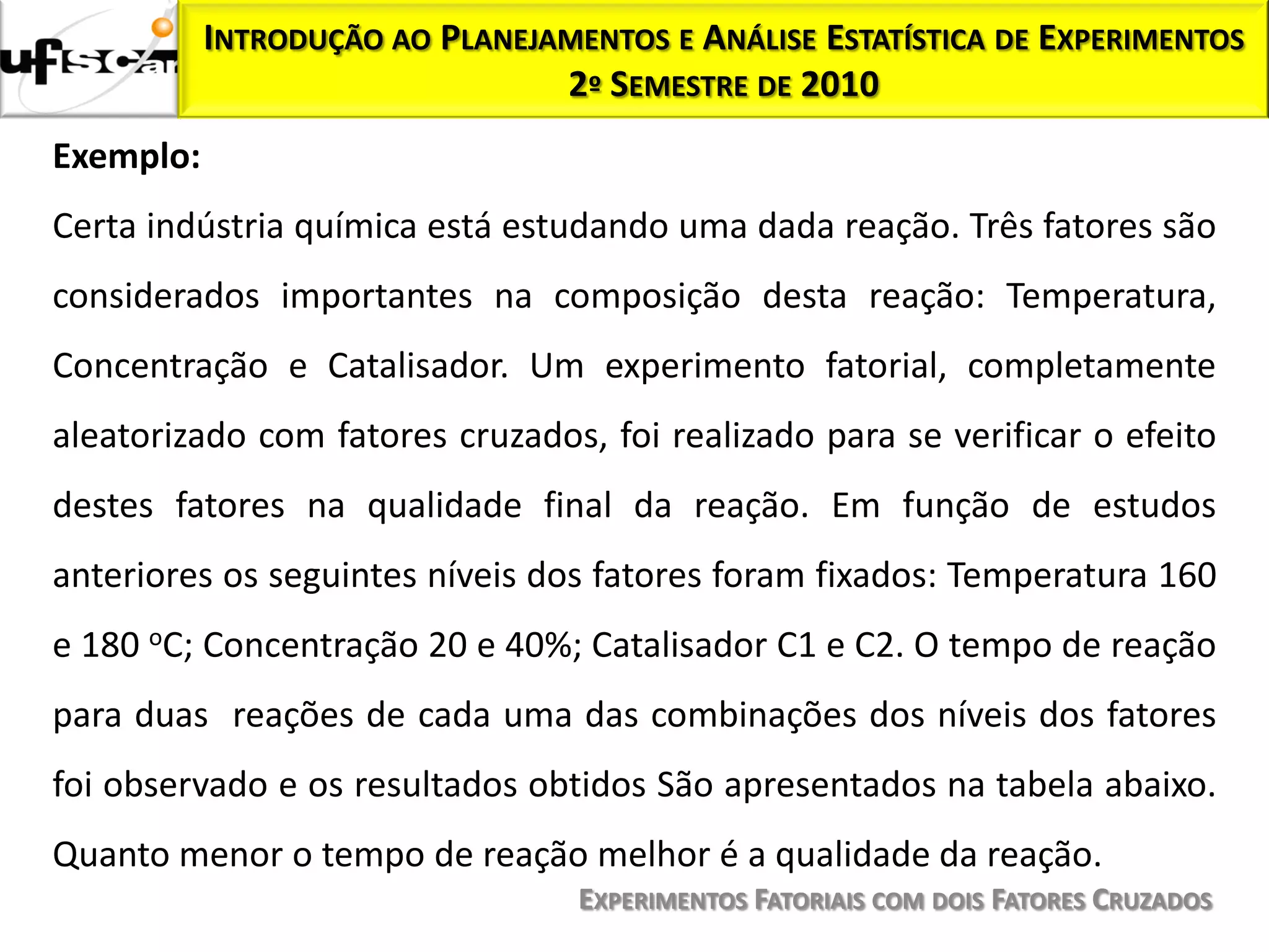 INTRODUÇÃO AO PLANEJAMENTOS E ANÁLISE ESTATÍSTICA DE EXPERIMENTOS
                                2º SEMESTRE DE 2010
Exemplo:
Certa indústria química está estudando uma dada reação. Três fatores são
considerados importantes na composição desta reação: Temperatura,
Concentração e Catalisador. Um experimento fatorial, completamente
aleatorizado com fatores cruzados, foi realizado para se verificar o efeito
destes fatores na qualidade final da reação. Em função de estudos
anteriores os seguintes níveis dos fatores foram fixados: Temperatura 160
e 180 oC; Concentração 20 e 40%; Catalisador C1 e C2. O tempo de reação
para duas reações de cada uma das combinações dos níveis dos fatores
foi observado e os resultados obtidos São apresentados na tabela abaixo.
Quanto menor o tempo de reação melhor é a qualidade da reação.
                                  EXPERIMENTOS FATORIAIS COM DOIS FATORES CRUZADOS
 