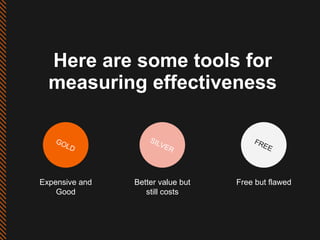 Here are some tools for measuring effectiveness GOLD SILVER FREE Expensive and Good Better value but still costs Free but ...