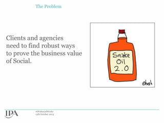 The Problem

Clients and agencies
need to find robust ways
to prove the business value
of Social.

#IPASocialWorks
15th October 2013

 