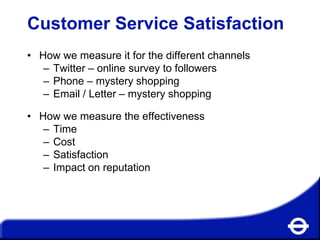 Customer Service Satisfaction
• How we measure it for the different channels
– Twitter – online survey to followers
– Phone – mystery shopping
– Email / Letter – mystery shopping
• How we measure the effectiveness
– Time
– Cost
– Satisfaction
– Impact on reputation

 