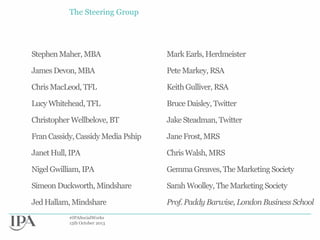 The Steering Group

Stephen Maher, MBA

Mark Earls, Herdmeister

James Devon, MBA

Pete Markey, RSA

Chris MacLeod, TFL

Keith Gulliver, RSA

Lucy Whitehead, TFL

Bruce Daisley, Twitter

Christopher Wellbelove, BT

Jake Steadman, Twitter

Fran Cassidy, Cassidy Media Pship

Jane Frost, MRS

Janet Hull, IPA

Chris Walsh, MRS

Nigel Gwilliam, IPA

Gemma Greaves, The Marketing Society

Simeon Duckworth, Mindshare

Sarah Woolley, The Marketing Society

Jed Hallam, Mindshare

Prof. Paddy Barwise, London Business School

#IPASocialWorks
15th October 2013

 