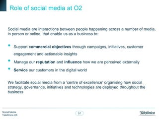 Role of social media at O2

Social media are interactions between people happening across a number of media,
in person or online, that enable us as a business to:

•

Support commercial objectives through campaigns, initiatives, customer
engagement and actionable insights

•
•

Manage our reputation and influence how we are perceived externally
Service our customers in the digital world

We facilitate social media from a ‗centre of excellence‘ organising how social
strategy, governance, initiatives and technologies are deployed throughout the
business

Social Media
Telefónica UK

57

 