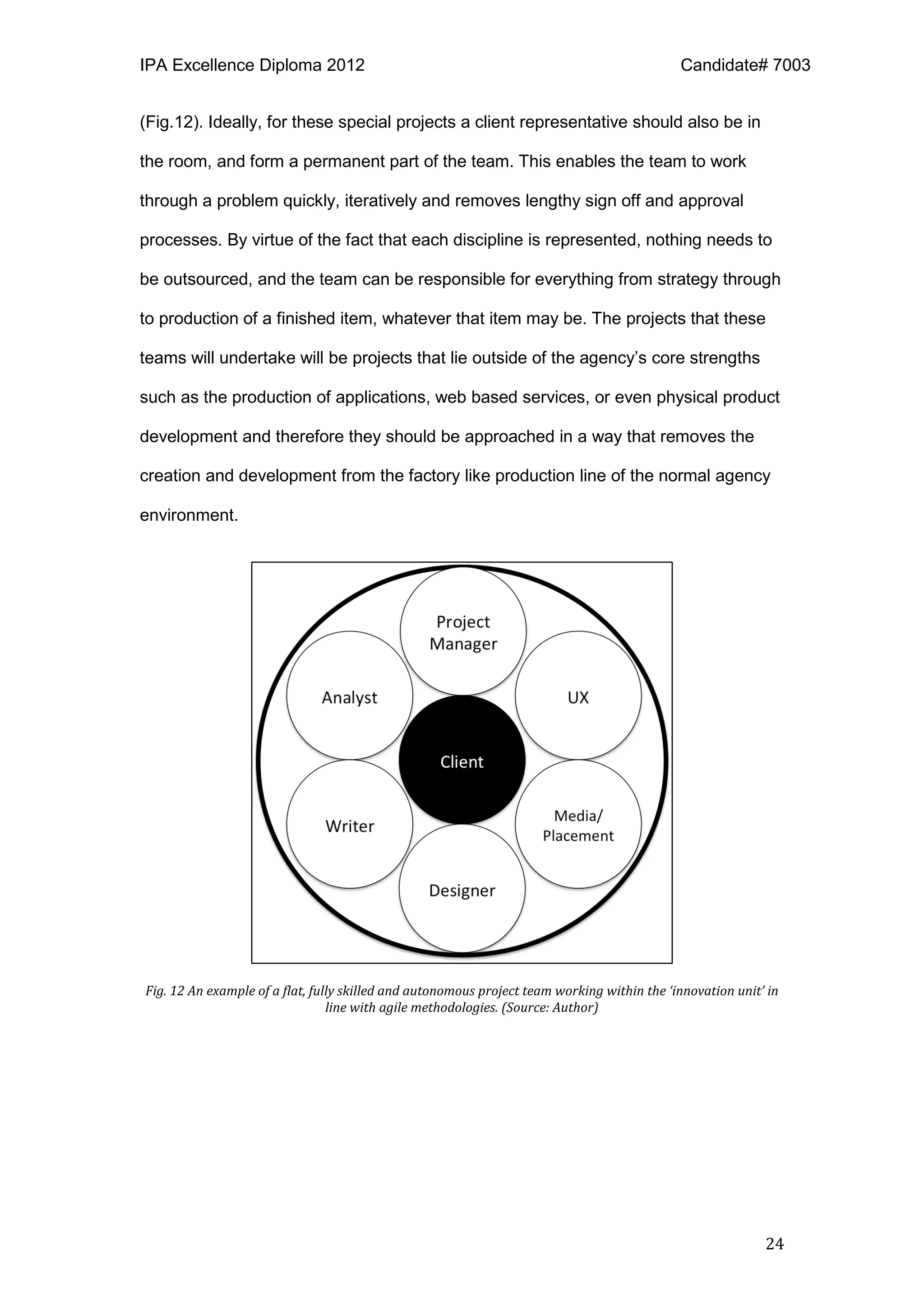 IPA Excellence Diploma 2012 Candidate# 7003
24
(Fig.12). Ideally, for these special projects a client representative should also be in
the room, and form a permanent part of the team. This enables the team to work
through a problem quickly, iteratively and removes lengthy sign off and approval
processes. By virtue of the fact that each discipline is represented, nothing needs to
be outsourced, and the team can be responsible for everything from strategy through
to production of a finished item, whatever that item may be. The projects that these
teams will undertake will be projects that lie outside of the agency’s core strengths
such as the production of applications, web based services, or even physical product
development and therefore they should be approached in a way that removes the
creation and development from the factory like production line of the normal agency
environment.
Fig. 12 An example of a flat, fully skilled and autonomous project team working within the ‘innovation unit’ in
line with agile methodologies. (Source: Author)
 