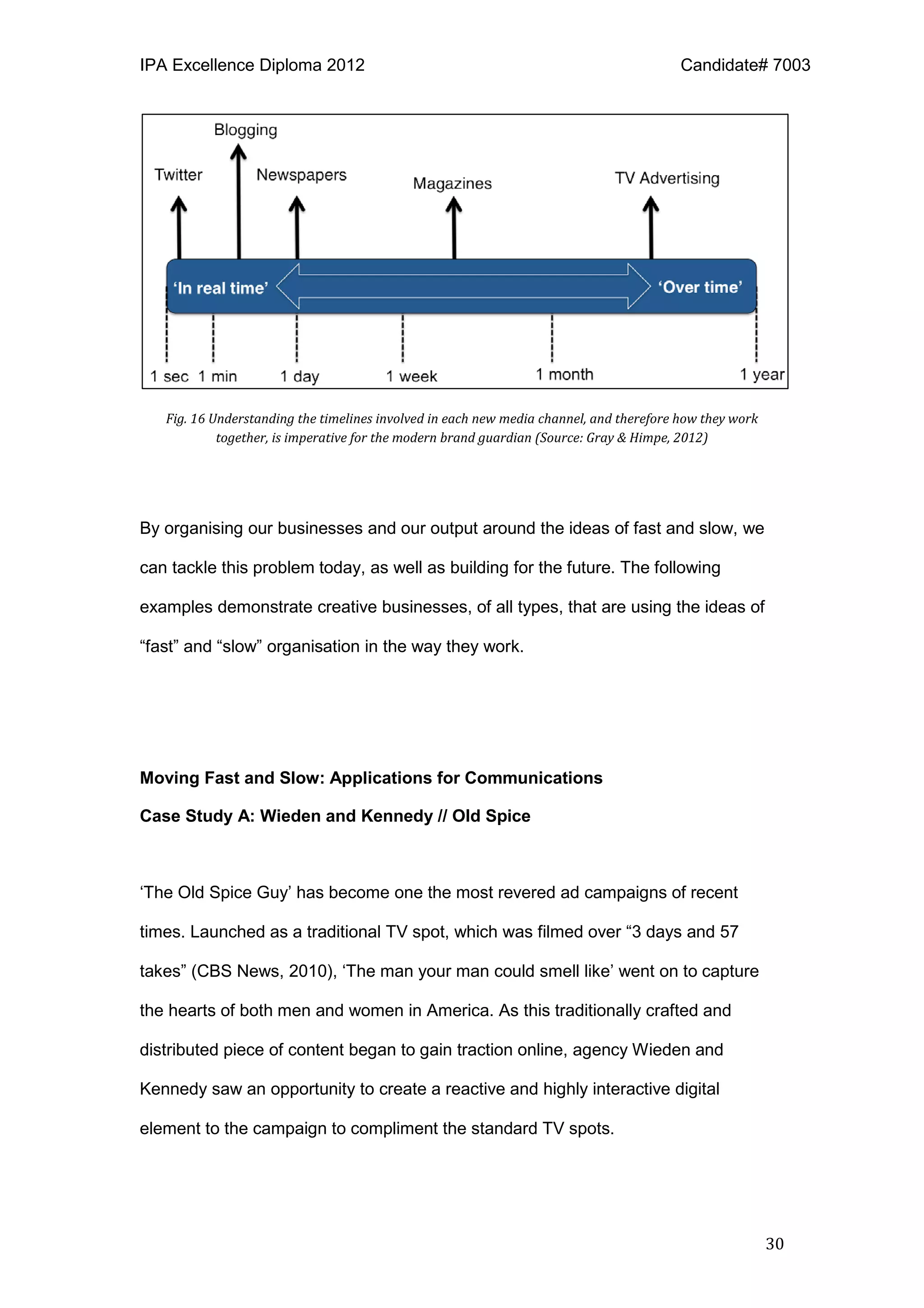 IPA Excellence Diploma 2012 Candidate# 7003
30
Fig. 16 Understanding the timelines involved in each new media channel, and therefore how they work
together, is imperative for the modern brand guardian (Source: Gray & Himpe, 2012)
By organising our businesses and our output around the ideas of fast and slow, we
can tackle this problem today, as well as building for the future. The following
examples demonstrate creative businesses, of all types, that are using the ideas of
“fast” and “slow” organisation in the way they work.
Moving Fast and Slow: Applications for Communications
Case Study A: Wieden and Kennedy // Old Spice
‘The Old Spice Guy’ has become one the most revered ad campaigns of recent
times. Launched as a traditional TV spot, which was filmed over “3 days and 57
takes” (CBS News, 2010), ‘The man your man could smell like’ went on to capture
the hearts of both men and women in America. As this traditionally crafted and
distributed piece of content began to gain traction online, agency Wieden and
Kennedy saw an opportunity to create a reactive and highly interactive digital
element to the campaign to compliment the standard TV spots.
 