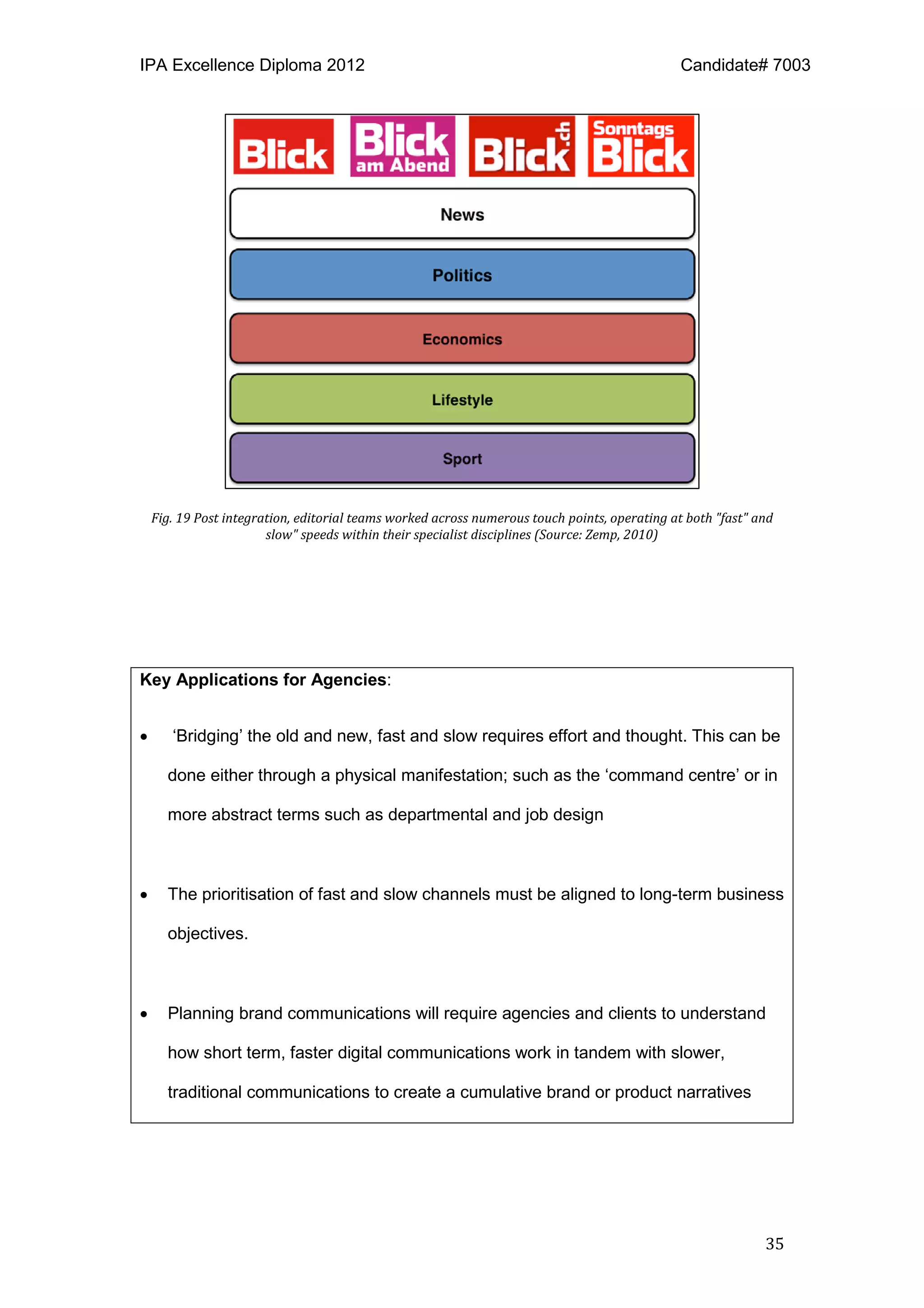 IPA Excellence Diploma 2012 Candidate# 7003
35
Fig. 19 Post integration, editorial teams worked across numerous touch points, operating at both "fast" and
slow" speeds within their specialist disciplines (Source: Zemp, 2010)
Key Applications for Agencies:
• ‘Bridging’ the old and new, fast and slow requires effort and thought. This can be
done either through a physical manifestation; such as the ‘command centre’ or in
more abstract terms such as departmental and job design
• The prioritisation of fast and slow channels must be aligned to long-term business
objectives.
• Planning brand communications will require agencies and clients to understand
how short term, faster digital communications work in tandem with slower,
traditional communications to create a cumulative brand or product narratives
 