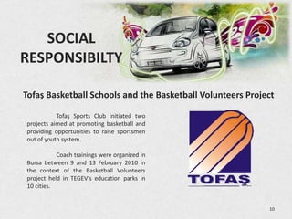 SOCIAL
RESPONSIBILTY

Tofaş Basketball Schools and the Basketball Volunteers Project

           Tofaş Sports Club initiated two
projects aimed at promoting basketball and
providing opportunities to raise sportsmen
out of youth system.

           Coach trainings were organized in
Bursa between 9 and 13 February 2010 in
the context of the Basketball Volunteers
project held in TEGEV’s education parks in
10 cities.


                                                            10
 