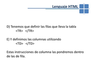 				Lenguaje HTMLD) Tenemos que definir las filas que lleva la tabla	<TR>   </TR>E) Y definimos las columnas utilizando	<TD>   </TD>Estas instrucciones de columna las pondremos dentro de las de fila.