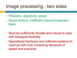 Image processing : two sides
10
 Precision, objectivity, speed
 Saves tedious, inefficient manual inspection
tasks
 Must be sufficiently flexible and robust to cope
with biological flexibility
 Specialized hardware and software systems to
cope up with ever increasing demands of
speed and precision
 