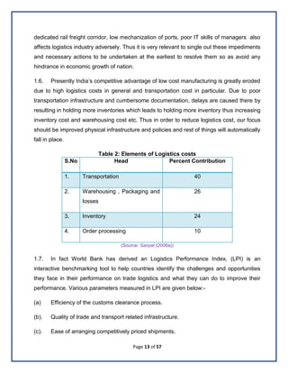 Page 13 of 57
dedicated rail freight corridor, low mechanization of ports, poor IT skills of managers also
affects logistics industry adversely. Thus it is very relevant to single out these impediments
and necessary actions to be undertaken at the earliest to resolve them so as avoid any
hindrance in economic growth of nation.
1.6. Presently India’s competitive advantage of low cost manufacturing is greatly eroded
due to high logistics costs in general and transportation cost in particular. Due to poor
transportation infrastructure and cumbersome documentation, delays are caused there by
resulting in holding more inventories which leads to holding more inventory thus increasing
inventory cost and warehousing cost etc. Thus in order to reduce logistics cost, our focus
should be improved physical infrastructure and policies and rest of things will automatically
fall in place.
Table 2: Elements of Logistics costs
S.No Head Percent Contribution
1. Transportation 40
2. Warehousing , Packaging and
losses
26
3. Inventory 24
4. Order processing 10
(Source: Sanyal (2006a))
1.7. In fact World Bank has derived an Logistics Performance Index, (LPI) is an
interactive benchmarking tool to help countries identify the challenges and opportunities
they face in their performance on trade logistics and what they can do to improve their
performance. Various parameters measured in LPI are given below:-
(a) Efficiency of the customs clearance process.
(b). Quality of trade and transport related infrastructure.
(c). Ease of arranging competitively priced shipments.
 