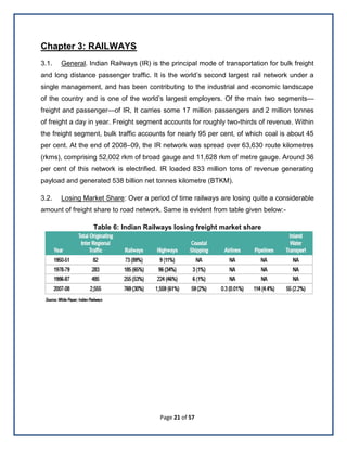 Page 21 of 57
Chapter 3: RAILWAYS
3.1. General. Indian Railways (IR) is the principal mode of transportation for bulk freight
and long distance passenger traffic. It is the world’s second largest rail network under a
single management, and has been contributing to the industrial and economic landscape
of the country and is one of the world’s largest employers. Of the main two segments—
freight and passenger—of IR, It carries some 17 million passengers and 2 million tonnes
of freight a day in year. Freight segment accounts for roughly two-thirds of revenue. Within
the freight segment, bulk traffic accounts for nearly 95 per cent, of which coal is about 45
per cent. At the end of 2008–09, the IR network was spread over 63,630 route kilometres
(rkms), comprising 52,002 rkm of broad gauge and 11,628 rkm of metre gauge. Around 36
per cent of this network is electriﬁed. IR loaded 833 million tons of revenue generating
payload and generated 538 billion net tonnes kilometre (BTKM).
3.2. Losing Market Share: Over a period of time railways are losing quite a considerable
amount of freight share to road network. Same is evident from table given below:-
Table 6: Indian Railways losing freight market share
 