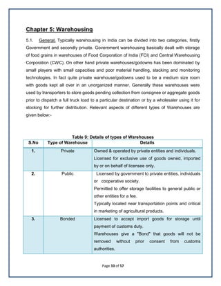 Page 33 of 57
Chapter 5: Warehousing
5.1. General. Typically warehousing in India can be divided into two categories, firstly
Government and secondly private. Government warehousing basically dealt with storage
of food grains in warehouses of Food Corporation of India (FCI) and Central Warehousing
Corporation (CWC). On other hand private warehouses/godowns has been dominated by
small players with small capacities and poor material handling, stacking and monitoring
technologies. In fact quite private warehouse/godowns used to be a medium size room
with goods kept all over in an unorganized manner. Generally these warehouses were
used by transporters to store goods pending collection from consignee or aggregate goods
prior to dispatch a full truck load to a particular destination or by a wholesaler using it for
stocking for further distribution. Relevant aspects of different types of Warehouses are
given below:-
Table 9: Details of types of Warehouses
S.No Type of Warehouse Details
1. Private Owned & operated by private entities and individuals.
Licensed for exclusive use of goods owned, imported
by or on behalf of licensee only.
2. Public Licensed by government to private entities, individuals
or cooperative society.
Permitted to offer storage facilities to general public or
other entities for a fee.
Typically located near transportation points and critical
in marketing of agricultural products.
3. Bonded Licensed to accept import goods for storage until
payment of customs duty.
Warehouses give a "Bond" that goods will not be
removed without prior consent from customs
authorities.
 