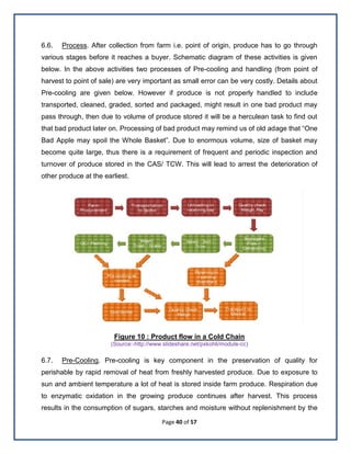 Page 40 of 57
6.6. Process. After collection from farm i.e. point of origin, produce has to go through
various stages before it reaches a buyer. Schematic diagram of these activities is given
below. In the above activities two processes of Pre-cooling and handling (from point of
harvest to point of sale) are very important as small error can be very costly. Details about
Pre-cooling are given below. However if produce is not properly handled to include
transported, cleaned, graded, sorted and packaged, might result in one bad product may
pass through, then due to volume of produce stored it will be a herculean task to find out
that bad product later on. Processing of bad product may remind us of old adage that ―One
Bad Apple may spoil the Whole Basket‖. Due to enormous volume, size of basket may
become quite large, thus there is a requirement of frequent and periodic inspection and
turnover of produce stored in the CAS/ TCW. This will lead to arrest the deterioration of
other produce at the earliest.
Figure 10 : Product flow in a Cold Chain
(Source:-http://www.slideshare.net/pxkohli/module-cc)
6.7. Pre-Cooling. Pre-cooling is key component in the preservation of quality for
perishable by rapid removal of heat from freshly harvested produce. Due to exposure to
sun and ambient temperature a lot of heat is stored inside farm produce. Respiration due
to enzymatic oxidation in the growing produce continues after harvest. This process
results in the consumption of sugars, starches and moisture without replenishment by the
 