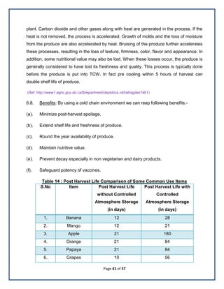 Page 41 of 57
plant. Carbon dioxide and other gases along with heat are generated in the process. If the
heat is not removed, the process is accelerated. Growth of molds and the loss of moisture
from the produce are also accelerated by heat. Bruising of the produce further accelerates
these processes, resulting in the loss of texture, firmness, color, flavor and appearance. In
addition, some nutritional value may also be lost. When these losses occur, the produce is
generally considered to have lost its freshness and quality. This process is typically done
before the produce is put into TCW. In fact pre cooling within 5 hours of harvest can
double shelf life of produce.
(Ref: http://www1.agric.gov.ab.ca/$department/deptdocs.nsf/all/agdex7461)
6.8. Benefits: By using a cold chain environment we can reap following benefits:-
(a). Minimize post-harvest spoilage.
(b). Extend shelf life and freshness of produce.
(c). Round the year availability of produce.
(d). Maintain nutritive value.
(e). Prevent decay especially in non vegetarian and dairy products.
(f). Safeguard potency of vaccines.
Table 14 : Post Harvest Life Comparison of Some Common Use Items
S.No Item Post Harvest Life
without Controlled
Atmosphere Storage
(in days)
Post Harvest Life with
Controlled
Atmosphere Storage
(in days)
1. Banana 12 28
2. Mango 12 21
3. Apple 21 180
4. Orange 21 84
5. Papaya 21 84
6. Grapes 10 56
 