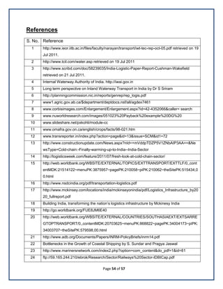 Page 54 of 57
References
S. No. Reference
1 http://www.ieor.iitb.ac.in/files/faculty/narayan/transport/iwt-tec-rep-oct-05.pdf retrieved on 19
Jul 2011.
2 http://www.tcil.com/water.asp retrieved on 19 Jul 2011
3 http://www.scribd.com/doc/58239035/India-Logistic-Paper-Report-Cushman-Wakefield
retrieved on 21 Jul 2011.
4 Internal Waterway Authority of India. http://iwai.gov.in
5 Long term perspective on Inland Waterway Transport in India by Dr S Sriram
6 http://planningcommission.nic.in/reports/genrep/rep_logis.pdf
7 www1.agric.gov.ab.ca/$department/deptdocs.nsf/all/agdex7461
8 www.corbisimages.com/Enlargement/Enlargement.aspx?id=42-4352066&caller= search
9 www.nuworldresearch.com/images/051023%20Payback%20example%20DG%20
10 www.slideshare.net/pxkohli/module-cc
11 www.omafra.gov.on.ca/english/crops/facts/98-021.htm
12 www.transreporter.in/index.php?action=page&id=13&issue=SCM&id1=72
13 http://www.constructionupdate.com/News.aspx?nId=+mVddpTDZP5V1ZNbAIP3AA==&Ne
wsType=Cold-chain:-Finally-warming-up-to-India--India-Sector
14 http://logisticsweek.com/feature/2011/07/fresh-look-at-cold-chain-sector/
15 http://web.worldbank.org/WBSITE/EXTERNAL/TOPICS/EXTTRANSPORT/EXTTLF/0,,cont
entMDK:21514122~menuPK:3875957~pagePK:210058~piPK:210062~theSitePK:515434,0
0.html
16 http://www.nsdcindia.org/pdf/transportation-logistics.pdf
17 http://www.mckinsey.com/locations/india/mckinseyonindia/pdf/Logistics_Infrastructure_by20
20_fullreport.pdf
18 Building India, transforming the nation’s logistics infrastructure by Mckinesy India
19 http://go.worldbank.org/FUE8JM6E40
20 http://web.worldbank.org/WBSITE/EXTERNAL/COUNTRIES/SOUTHASIAEXT/EXTSARRE
GTOPTRANSPORT/0,,contentMDK:20703625~menuPK:868822~pagePK:34004173~piPK:
34003707~theSitePK:579598,00.html
21 http://www.adb.org/Documents/Papers/INRM-PolicyBriefs/inrm14.pdf
22 Bottlenecks in the Growth of Coastal Shipping by S. Sundar and Pragya Jaswal
23 http://www.marinersnetwork.com/index2.php?option=com_content&do_pdf=1&id=81
24 ftp://59.165.244.210/ebrok/Research/Sector/Railways%20Sector-IDBICap.pdf
 