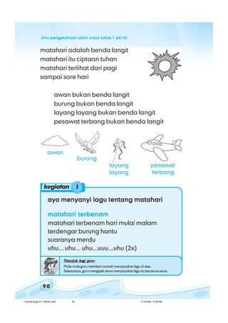 ilmu pengetahuan alam untuk kelas 1 sd/ miilmu pengetahuan alam untuk kelas 1 sd/ miilmu pengetahuan alam untuk kelas 1 sd/ miilmu pengetahuan alam untuk kelas 1 sd/ miilmu pengetahuan alam untuk kelas 1 sd/ mi
90
matahari adalah benda langit
matahari itu ciptaan tuhan
matahari terlihat dari pagi
sampai sore hari
awan bukan benda langit
burung bukan benda langit
layang layang bukan benda langit
pesawat terbang bukan benda langit
ayo menyanyi lagu tentang matahariayo menyanyi lagu tentang matahariayo menyanyi lagu tentang matahariayo menyanyi lagu tentang matahariayo menyanyi lagu tentang matahari
matahari terbenammatahari terbenammatahari terbenammatahari terbenammatahari terbenam
matahari terbenam hari mulai malam
terdengar burung hantu
suaranya merdu
uhu... uhu... uhu...uuu...uhu (2x)
Petunjuk bagi guru:Petunjuk bagi guru:Petunjuk bagi guru:Petunjuk bagi guru:Petunjuk bagi guru:
Mula-mula guru memberi contoh menyanyikan lagu di atas.
Selanjutnya, guru mengajak siswa menyanyikan lagu itu bersama-sama.
awan
pesawat
terbang
kegiatan 1
layang
layang
burung
7 benda langit (5.1) BSNP.pmd 7/15/2008, 10:56 AM90
 