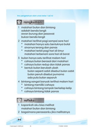 ilmu pengetahuan alam untuk kelas 1 sd/ miilmu pengetahuan alam untuk kelas 1 sd/ miilmu pengetahuan alam untuk kelas 1 sd/ miilmu pengetahuan alam untuk kelas 1 sd/ miilmu pengetahuan alam untuk kelas 1 sd/ mi
94
1 kapankah aku bisa melihat
matahari bulan dan bintang
2 bagaimana perasaanku jika melihatnya
1 matahari bulan dan bintang
adalah benda langit
awan burung dan pesawat
bukan benda langit
2 matahari terlihat pagi sampai sore hari
* matahari hanya satu bentuknya bulat
* sinarnya terang dan panas
* matahari terbit pagi hari di timur
matahari terbenam sore hari di barat
3 bulan hanya satu terlihat malam hari
* cahaya bulan berasal dari matahari
* cahaya bulan redup dan tidak panas
* bentuk bulan berubah ubah
bulan seperti sabit disebut bulan sabit
bulan penuh disebut purnama
ada pula bulan separuh
4 bintang sangat banyak terlihat malam hari
* bintang memiliki cahaya
* cahaya bintang tampak berkelap kelip
* cahaya bintang tidak panas
7 benda langit (5.1) BSNP.pmd 7/15/2008, 10:56 AM94
 