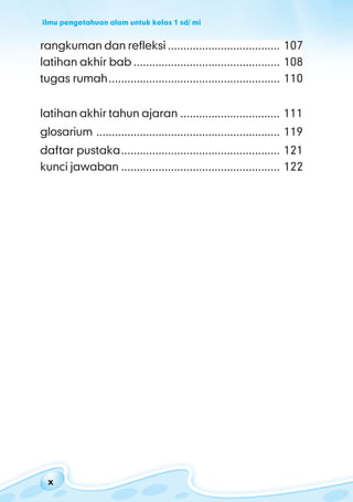 ilmu pengetahuan alam untuk kelas 1 sd/ mi
xxxxx
rangkuman dan refleksi .................................... 107
latihan akhir bab ............................................... 108
tugas rumah....................................................... 110
latihan akhir tahun ajaran ................................ 111
glosarium ........................................................... 119
daftar pustaka................................................... 121
kunci jawaban ................................................... 122
 