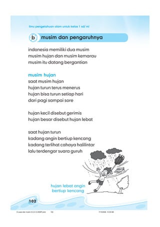 ilmu pengetahuan alam untuk kelas 1 sd/ miilmu pengetahuan alam untuk kelas 1 sd/ miilmu pengetahuan alam untuk kelas 1 sd/ miilmu pengetahuan alam untuk kelas 1 sd/ miilmu pengetahuan alam untuk kelas 1 sd/ mi
102
musim dan pengaruhnyamusim dan pengaruhnyamusim dan pengaruhnyamusim dan pengaruhnyamusim dan pengaruhnyabbbbb
hujan lebat angin
bertiup kencang
indonesia memiliki dua musim
musim hujan dan musim kemarau
musim itu datang bergantian
musim hujanmusim hujanmusim hujanmusim hujanmusim hujan
saat musim hujan
hujan turun terus menerus
hujan bisa turun setiap hari
dari pagi sampai sore
hujan kecil disebut gerimis
hujan besar disebut hujan lebat
saat hujan turun
kadang angin bertiup kencang
kadang terlihat cahaya halilintar
lalu terdengar suara guruh
8 cuaca dan musim (5.2-5.3) BSNP.pmd 7/15/2008, 10:39 AM102
 