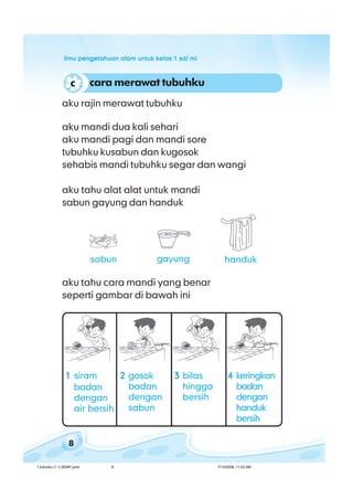ilmu pengetahuan alam untuk kelas 1 sd/ miilmu pengetahuan alam untuk kelas 1 sd/ miilmu pengetahuan alam untuk kelas 1 sd/ miilmu pengetahuan alam untuk kelas 1 sd/ miilmu pengetahuan alam untuk kelas 1 sd/ mi
8
aku rajin merawat tubuhku
aku mandi dua kali sehari
aku mandi pagi dan mandi sore
tubuhku kusabun dan kugosok
sehabis mandi tubuhku segar dan wangi
aku tahu alat alat untuk mandi
sabun gayung dan handuk
aku tahu cara mandi yang benar
seperti gambar di bawah ini
11111 siram
badan
dengan
air bersih
22222 gosok
badan
dengan
sabun
33333 bilas
hingga
bersih
44444 keringkan
badan
dengan
handuk
bersih
cara merawat tubuhkuc
handukgayungsabun
1 tubuhku (1.1) BSNP.pmd 7/15/2008, 11:03 AM8
 
