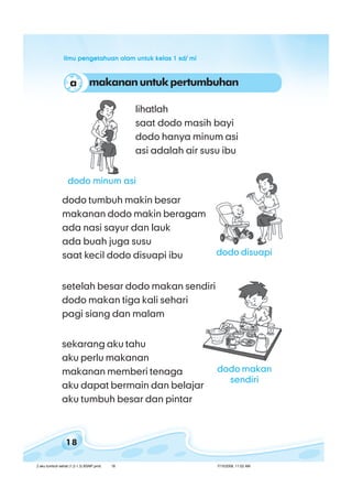 ilmu pengetahuan alam untuk kelas 1 sd/ miilmu pengetahuan alam untuk kelas 1 sd/ miilmu pengetahuan alam untuk kelas 1 sd/ miilmu pengetahuan alam untuk kelas 1 sd/ miilmu pengetahuan alam untuk kelas 1 sd/ mi
18
sekarang aku tahu
aku perlu makanan
makanan memberi tenaga
aku dapat bermain dan belajar
aku tumbuh besar dan pintar
lihatlah
saat dodo masih bayi
dodo hanya minum asi
asi adalah air susu ibu
dodo tumbuh makin besar
makanan dodo makin beragam
ada nasi sayur dan lauk
ada buah juga susu
saat kecil dodo disuapi ibu
setelah besar dodo makan sendiri
dodo makan tiga kali sehari
pagi siang dan malam
makananuntukpertumbuhana
dodo disuapi
dodo minum asi
dodo makan
sendiri
2 aku tumbuh sehat (1.2-1.3) BSNP.pmd 7/15/2008, 11:02 AM18
 
