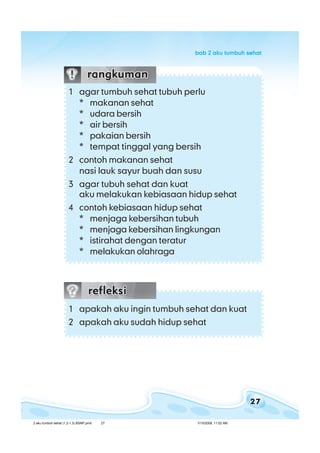 27
bab 2 aku tumbuh sehatbab 2 aku tumbuh sehatbab 2 aku tumbuh sehatbab 2 aku tumbuh sehatbab 2 aku tumbuh sehat
1 agar tumbuh sehat tubuh perlu
* makanan sehat
* udara bersih
* air bersih
* pakaian bersih
* tempat tinggal yang bersih
2 contoh makanan sehat
nasi lauk sayur buah dan susu
3 agar tubuh sehat dan kuat
aku melakukan kebiasaan hidup sehat
4 contoh kebiasaan hidup sehat
* menjaga kebersihan tubuh
* menjaga kebersihan lingkungan
* istirahat dengan teratur
* melakukan olahraga
1 apakah aku ingin tumbuh sehat dan kuat
2 apakah aku sudah hidup sehat
2 aku tumbuh sehat (1.2-1.3) BSNP.pmd 7/15/2008, 11:02 AM27
 