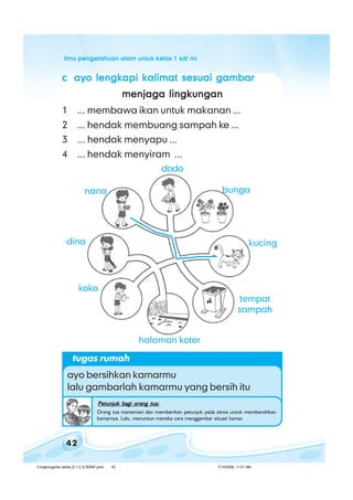 ilmu pengetahuan alam untuk kelas 1 sd/ miilmu pengetahuan alam untuk kelas 1 sd/ miilmu pengetahuan alam untuk kelas 1 sd/ miilmu pengetahuan alam untuk kelas 1 sd/ miilmu pengetahuan alam untuk kelas 1 sd/ mi
42
ccccc ayo lengkapi kalimat sesuai gambarayo lengkapi kalimat sesuai gambarayo lengkapi kalimat sesuai gambarayo lengkapi kalimat sesuai gambarayo lengkapi kalimat sesuai gambar
menjaga lingkunganmenjaga lingkunganmenjaga lingkunganmenjaga lingkunganmenjaga lingkungan
1 ... membawa ikan untuk makanan ...
2 ... hendak membuang sampah ke ...
3 ... hendak menyapu ...
4 ... hendak menyiram ...
dodo
nana
dina
koko
bunga
kucing
tempat
sampah
halaman kotor
tugas rumah
ayo bersihkan kamarmu
lalu gambarlah kamarmu yang bersih itu
Petunjuk bagi orang tua:Petunjuk bagi orang tua:Petunjuk bagi orang tua:Petunjuk bagi orang tua:Petunjuk bagi orang tua:
Orang tua menemani dan memberikan petunjuk pada siswa untuk membersihkan
kamarnya. Lalu, menuntun mereka cara menggambar situasi kamar.
3 lingkunganku sehat (2.1-2.3) BSNP.pmd 7/15/2008, 11:01 AM42
 