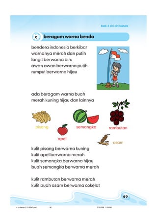 49
bab 4 ciri ciri bendabab 4 ciri ciri bendabab 4 ciri ciri bendabab 4 ciri ciri bendabab 4 ciri ciri benda
bendera indonesia berkibar
warnanya merah dan putih
langit berwarna biru
awan awan berwarna putih
rumput berwarna hijau
ada beragam warna buah
merah kuning hijau dan lainnya
semangka
asam
apel
pisang rambutan
kulit pisang berwarna kuning
kulit apel berwarna merah
kulit semangka berwarna hijau
buah semangka berwarna merah
kulit rambutan berwarna merah
kulit buah asam berwarna cokelat
beragamwarnabendac
4 ciri benda (3.1) BSNP.pmd 7/15/2008, 11:00 AM49
 