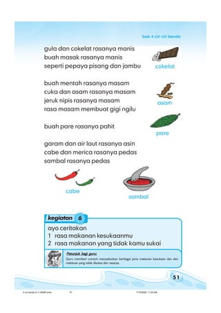 51
bab 4 ciri ciri bendabab 4 ciri ciri bendabab 4 ciri ciri bendabab 4 ciri ciri bendabab 4 ciri ciri benda
gula dan cokelat rasanya manis
buah masak rasanya manis
seperti pepaya pisang dan jambu
buah mentah rasanya masam
cuka dan asam rasanya masam
jeruk nipis rasanya masam
rasa masam membuat gigi ngilu
buah pare rasanya pahit
garam dan air laut rasanya asin
cabe dan merica rasanya pedas
sambal rasanya pedas
ayo ceritakan
1 rasa makanan kesukaanmu
2 rasa makanan yang tidak kamu sukai
Petunjuk bagi guru:Petunjuk bagi guru:Petunjuk bagi guru:Petunjuk bagi guru:Petunjuk bagi guru:
Guru memberi contoh menyebutkan berbagai jenis makanan kesukaan dan dan
makanan yang tidak disukai dan rasanya.
cabe
pare
cokelat
asam
kegiatan 6
sambal
4 ciri benda (3.1) BSNP.pmd 7/15/2008, 11:00 AM51
 