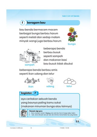 53
bab 4 ciri ciri bendabab 4 ciri ciri bendabab 4 ciri ciri bendabab 4 ciri ciri bendabab 4 ciri ciri benda
bau benda bermacam macam
berbagai bunga berbau harum
seperti melati dan sedap malam
minyak wangi juga berbau harum
Petunjuk bagi guru:Petunjuk bagi guru:Petunjuk bagi guru:Petunjuk bagi guru:Petunjuk bagi guru:
1. Guru memberi contoh. Misalnya: aku suka bau harum bunga sedap malam.
2. Lalu, siswa ditunjuk satu per satu dan diminta menceritakan bau yang disukai.
ayo ceritakan sebuah benda
yang baunya paling kamu sukai
(makanan minuman bunga atau lainnya)
beberapa benda
berbau busuk
seperti sampah
dan makanan basi
bau busuk tidak disukai
bunga
beberapa benda berbau amis
seperti ikan udang dan telur
ikan udang telur
kegiatan 7
beragambauf
sampah
4 ciri benda (3.1) BSNP.pmd 7/15/2008, 11:00 AM53
 