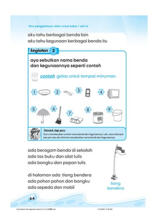 ilmu pengetahuan alam untuk kelas 1 sd/ miilmu pengetahuan alam untuk kelas 1 sd/ miilmu pengetahuan alam untuk kelas 1 sd/ miilmu pengetahuan alam untuk kelas 1 sd/ miilmu pengetahuan alam untuk kelas 1 sd/ mi
64
aku tahu berbagai benda lain
aku tahu kegunaan berbagai benda itu
ayo sebutkan nama bendaayo sebutkan nama bendaayo sebutkan nama bendaayo sebutkan nama bendaayo sebutkan nama benda
dan kdan kdan kdan kdan kegunaannya seperti contohegunaannya seperti contohegunaannya seperti contohegunaannya seperti contohegunaannya seperti contoh
contohcontohcontohcontohcontoh gelas untuk tempat minuman
1 2
Petunjuk bagi guru:Petunjuk bagi guru:Petunjuk bagi guru:Petunjuk bagi guru:Petunjuk bagi guru:
Guru membacakan contoh nama benda dan kegunaannya. Lalu, siswa ditunjuk
satu per satu dan diminta menyebutkan nama benda dan kegunaannya.
ada beragam benda di sekolah
ada tas buku dan alat tulis
ada bangku dan papan tulis
di halaman ada tiang bendera
ada pohon pohon dan bangku
ada sepeda dan mobil
kegiatan 2
tiang
bendera
6 98
7
5
43
5 perubahan dan kegunaan benda (3.2-3.3) BSNP.pmd 7/15/2008, 10:58 AM64
 