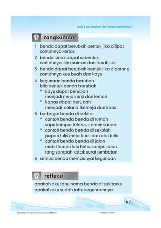 67
bab 5 perubahan dan kegunaan bendabab 5 perubahan dan kegunaan bendabab 5 perubahan dan kegunaan bendabab 5 perubahan dan kegunaan bendabab 5 perubahan dan kegunaan benda
1 benda dapat berubah bentuk jika dilipat
contohnya kertas
2 benda lunak dapat dibentuk
contohnya lilin mainan dan tanah liat
3 benda dapat berubah bentuk jika dipotong
contohnya kue buah dan kayu
4 kegunaan benda berubah
bila bentuk benda berubah
* kayu dapat berubah
menjadi meja kursi dan lemari
* kapas dapat berubah
menjadi celana kemeja dan kaos
5 berbagai benda di sekitar
* contoh benda benda di rumah
sapu kompor televisi cermin sandal
* contoh benda benda di sekolah
papan tulis meja kursi dan alat tulis
* contoh benda benda di jalan
mobil lampu lalu lintas lampu jalan
tong sampah kotak surat jembatan
6 semua benda mempunyai kegunaan
apakah aku tahu nama benda di sekitarku
apakah aku sudah tahu kegunaannya
5 perubahan dan kegunaan benda (3.2-3.3) BSNP.pmd 7/15/2008, 10:58 AM67
 