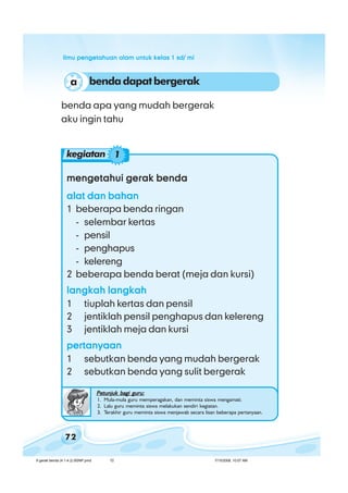 ilmu pengetahuan alam untuk kelas 1 sd/ miilmu pengetahuan alam untuk kelas 1 sd/ miilmu pengetahuan alam untuk kelas 1 sd/ miilmu pengetahuan alam untuk kelas 1 sd/ miilmu pengetahuan alam untuk kelas 1 sd/ mi
72
mengetahui gerak bendamengetahui gerak bendamengetahui gerak bendamengetahui gerak bendamengetahui gerak benda
alat dan bahanalat dan bahanalat dan bahanalat dan bahanalat dan bahan
1 beberapa benda ringan
- selembar kertas
- pensil
- penghapus
- kelereng
2 beberapa benda berat (meja dan kursi)
langkah langkahlangkah langkahlangkah langkahlangkah langkahlangkah langkah
1 tiuplah kertas dan pensil
2 jentiklah pensil penghapus dan kelereng
3 jentiklah meja dan kursi
pertanyaanpertanyaanpertanyaanpertanyaanpertanyaan
1 sebutkan benda yang mudah bergerak
2 sebutkan benda yang sulit bergerak
kegiatan 1
Petunjuk bagi guru:Petunjuk bagi guru:Petunjuk bagi guru:Petunjuk bagi guru:Petunjuk bagi guru:
1. Mula-mula guru memperagakan, dan meminta siswa mengamati.
2. Lalu guru meminta siswa melakukan sendiri kegiatan.
3. Terakhir guru meminta siswa menjawab secara lisan beberapa pertanyaan.
bendadapatbergeraka
benda apa yang mudah bergerak
aku ingin tahu
6 gerak benda (4.1-4.2) BSNP.pmd 7/15/2008, 10:57 AM72
 