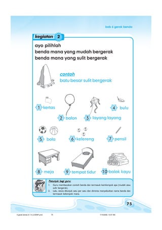 75
bab 6 gerak bendabab 6 gerak bendabab 6 gerak bendabab 6 gerak bendabab 6 gerak benda
ayo pilihlahayo pilihlahayo pilihlahayo pilihlahayo pilihlah
benda mana yang mudah bergerakbenda mana yang mudah bergerakbenda mana yang mudah bergerakbenda mana yang mudah bergerakbenda mana yang mudah bergerak
benda mana yang sulit bergerakbenda mana yang sulit bergerakbenda mana yang sulit bergerakbenda mana yang sulit bergerakbenda mana yang sulit bergerak
Petunjuk bagi guru:Petunjuk bagi guru:Petunjuk bagi guru:Petunjuk bagi guru:Petunjuk bagi guru:
1. Guru membacakan contoh benda dan termasuk kemlompok apa (mudah atau
sulit bergerak).
2. Lalu, siswa ditunjuk satu per satu dan diminta menyebutkan nama benda dan
termasuk kelompok mana.
kegiatan 2
contohcontohcontohcontohcontoh
batu besar sulit bergerak
10 balok kayu8 meja 9 tempat tidur
2 balon
1 kertas
5 bola 6 kelereng 7 pensil
3 layang layang
4 bulu
6 gerak benda (4.1-4.2) BSNP.pmd 7/15/2008, 10:57 AM75
 