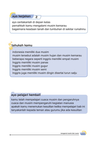 mengenal musim dan cuaca 121
ayo ceritakanlah di depan kelas
pernahkah kamu mengalami musim kemarau
bagaimana keadaan tanah dan tumbuhan di sekitar rumahmu
ayo kerjakan 2
tahukah kamut
indonesia memiliki dua musim
musim tersebut adalah musim hujan dan musim kemarau
beberapa negara seperti inggris memiliki empat musim
Inggris memiliki musim panas
Inggris memiliki musim gugur
Inggris memiliki musim semi
Inggris juga memiliki musim dingin disertai turun salju
ayo pelajari kembali
kamu telah mempelajari cuaca musim dan pengaruhnya
cuaca dan musim mempengaruhi kegiatan manusia
apakah kamu menemukan kesulitan ketika mempelajari bab ini
tanyakanlah kepada teman atau gurumu jika ada kesulitan
 